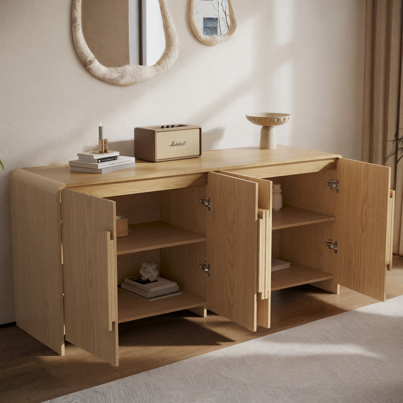 Buffet incurvé moderne de 63,78 po avec 4 portes et poignées irrégulières pour le rangement dans la salle à manger, Beige