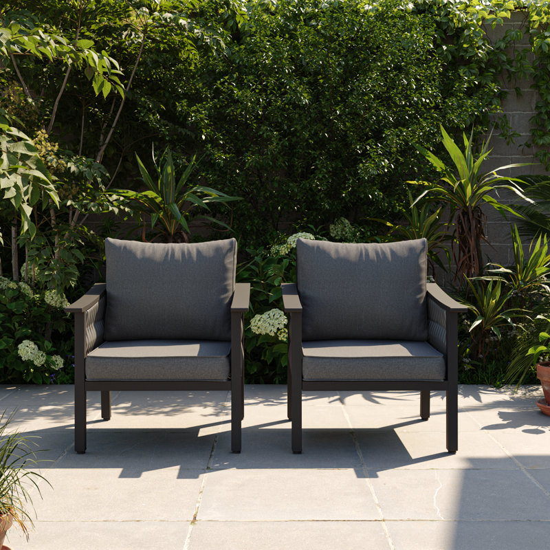 2-Piece Aluminum Wicker Outdoor Armchair Set – Handwoven Rope, Olefin Cushions, Patio Furniture for Backyard, Deck, or Poolside Seating