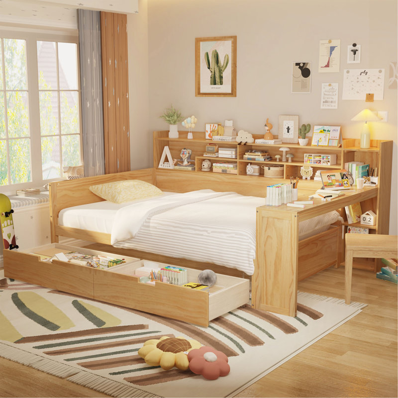 Lit de jour double en bois avec tablettes de rangement, lit multifonctionnel avec deux tiroirs de rangement et bureau d'étude