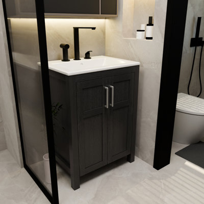 Meuble de salle de bain noir de 61 cm (24 pouces) avec lavabo en céramique blanche. Style moderne, imperméable, finition lisse, résistant aux taches d'eau, bois de 18 mm d'épaisseur, bords scellés, charnières et poignées en acier inoxydable, grand espace de rangement.
