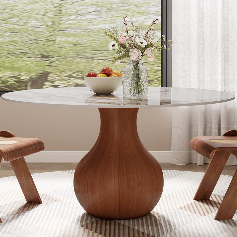 Ikerne Farmhouse Kitchen Table Vase-shaped Pedestal Dining Table Circular For 4/6/8, 29.50" H x 47.20" L x 47.20" W, Brown