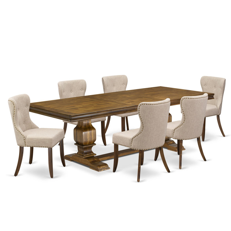 Cet ensemble de salle à manger moderne 7 pièces comprend une table en bois et 6 chaises de salle à manger modernes en lin brun clair avec dossier capitonné - Finition noyer antique