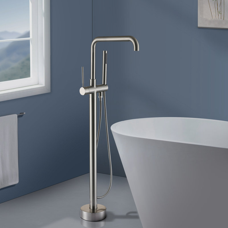 Topcraft Single Handle Floor Mounted Freestanding Tub Faucet with Handheld Shower, Brushed Nickel, Brushed Nickel