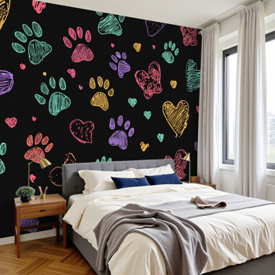 Peel and Stick Wallpaper Colorful doodle paw fabric black Wall Murals 100"H x 144"W Removable PVC Wall Paper Self-Adhesive Wall Paintings Art Decor for Bedroom Living Room