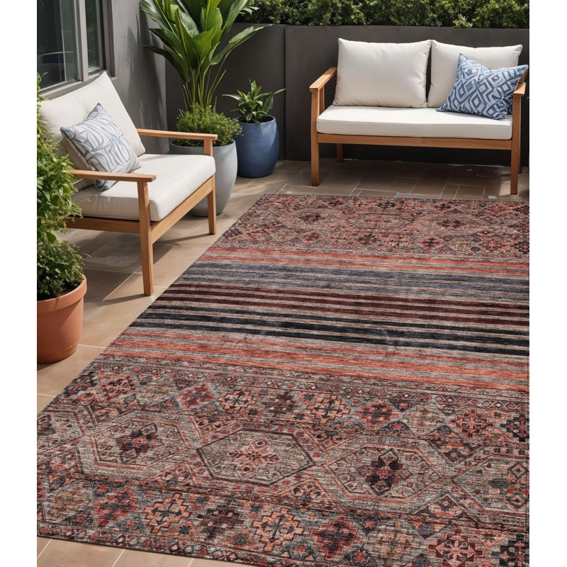 Tapis intérieur lavable 5 pi x 8 pi gris rouille et médaillon saumon