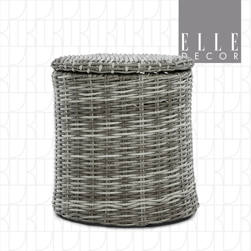 Gray Round Wicker Outdoor Side Table with Storage