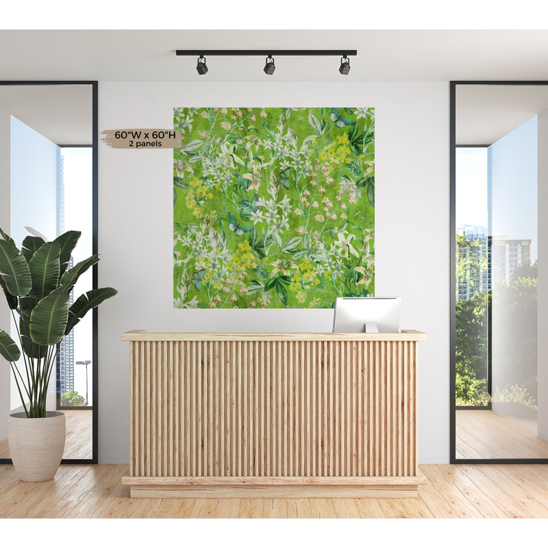 Murale botanique pelez et collez Christopher - Vert lime jardin printanier, L 60 po x l 60 po