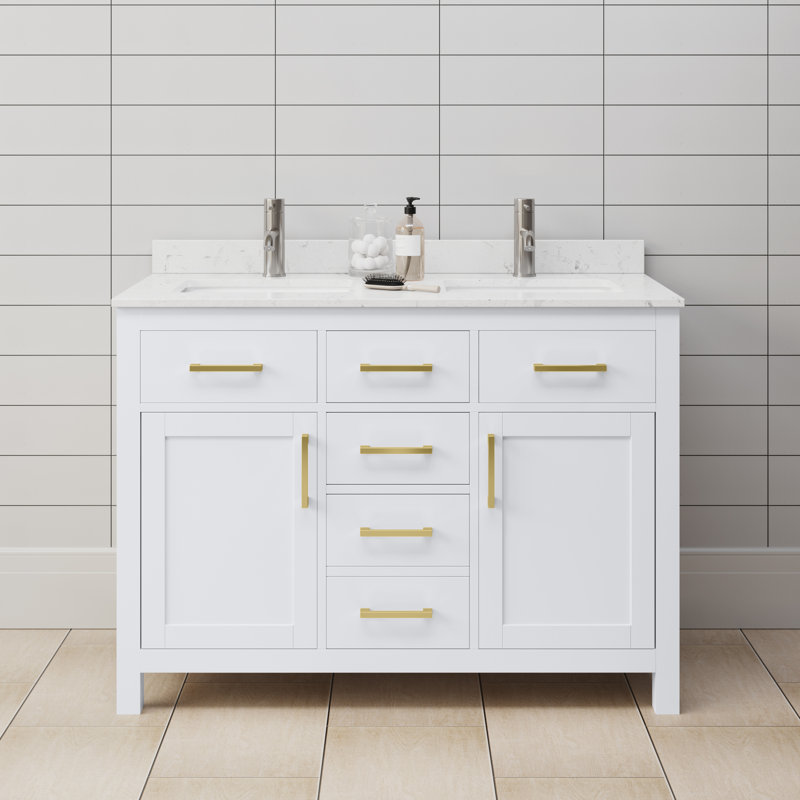 Meuble-lavabo double autoportant 48 po avec plateau en marbre Beckett, Blanc, Or brossé, Marbre de culture de Carrare