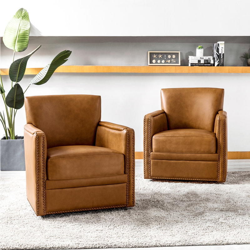 Sandra 29'' Wide Genuine Leather Swivel Chair (Set Of 2), Camel Genuine Leather