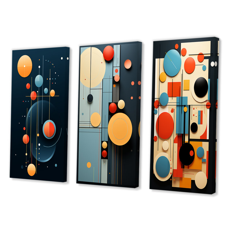 «Retro Bliss Abstract Circular Geometrics», 3 pièces sur toile, Toile tendue, H 28 po x l 36 po