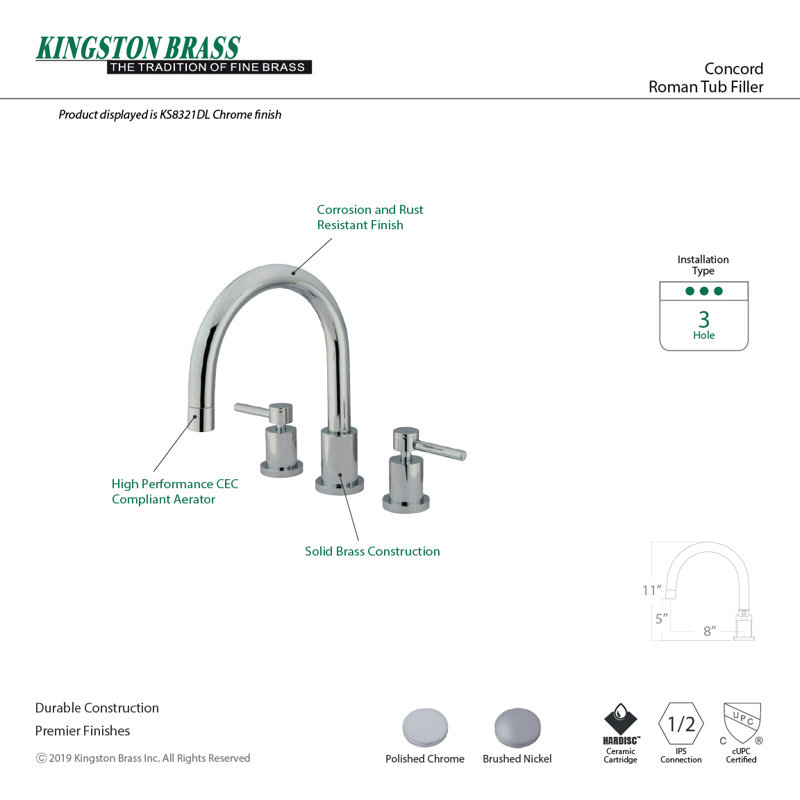 Kingston Brass Concord Two-Handle 3-Hole Deck Mount Roman Tub Faucet, Polished Chrome, Lever Handle