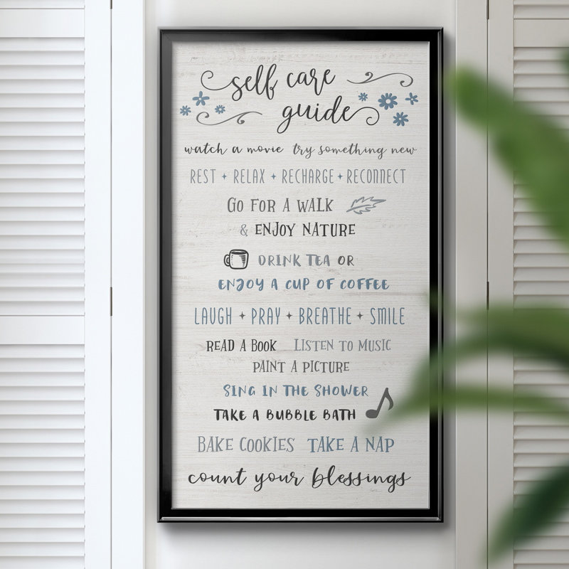 «Self Care Guide», art textuel sur toile, H 10,5 po x l 18,5 po x P 1,5 po, Cadre noir