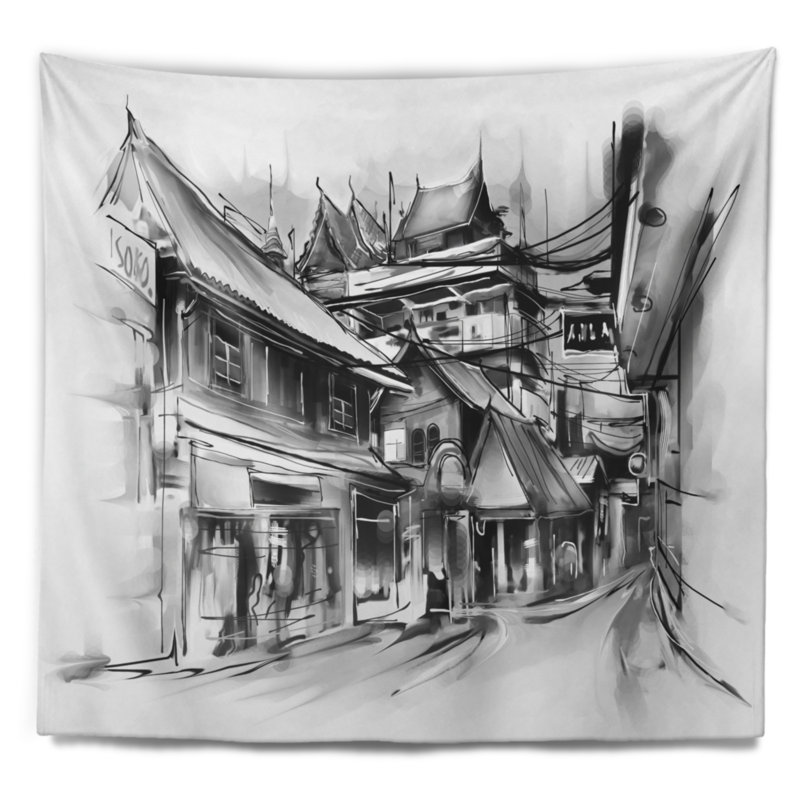 Tapisserie d'illustration de rue de ville Cityscape, H 50 po x l 60 po