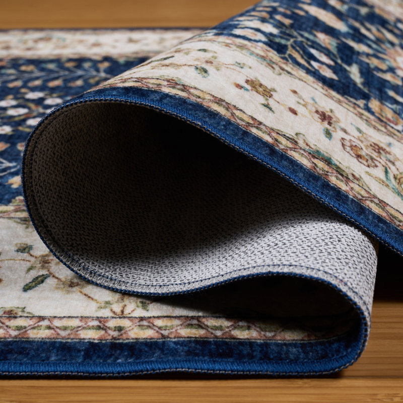  Everyday Chic Machine Washable Indoor Rug, Printed Soft Flannel Polyester with Non-Slip Backing,  Seda Navy 2x6, Navy