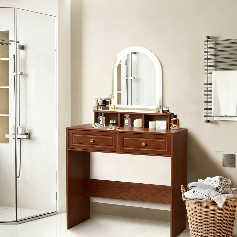  Makeup Vanity Desk with Mirror and Lights & Storage Drawer & 3 Lighting Modes, Brightness Adjustable, Suitable for Flats and Smaller Bedrooms, White, Perfect Gift for Family, Brown