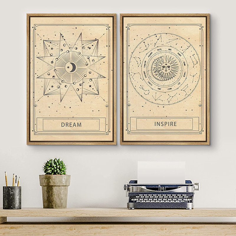 " SIGNLEADER Framed Canvas Print Wall Art Set Sepia Solar System Constellation Chart Astronomy & Space Sky Illustrations Modern Art Boho Nordic For Living Room, Bedroom, Office " 2 - Pieces