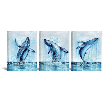 Whale Watercolor Canvas Wall Art, 16"L × 12"W, 3 Pack, Blue , Entry Foyers