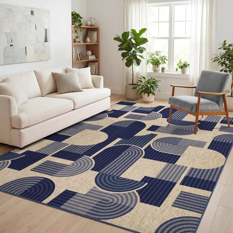 Tapis en jute à motif géométrique facile à nettoyer, Bleu, Runner 2' x 6'