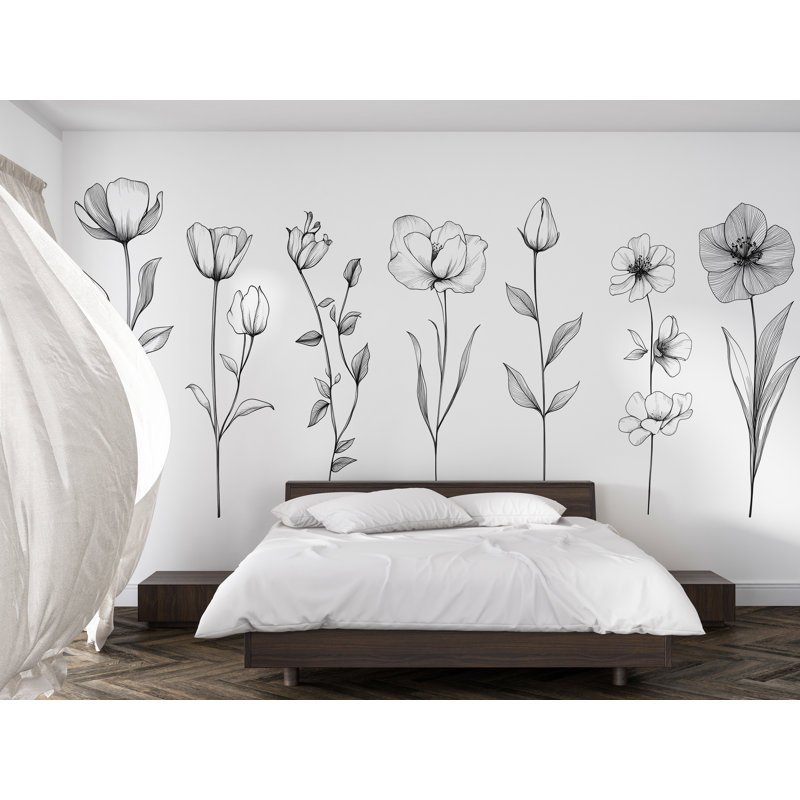 Décalcomanie murale fleur minimaliste - art mural ligne noire pour salon, grand autocollant botanique 075Mv
