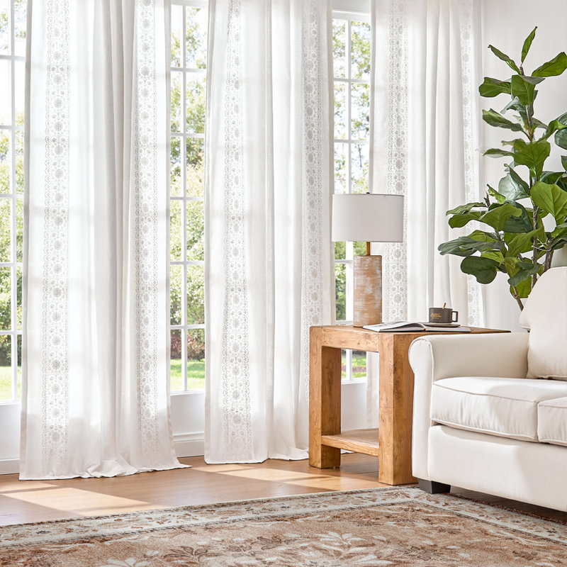 Linen Blend Embroidered Floral Farmhouse Curtains Curtains for Bedroom, 54" W x 96" L, Off White