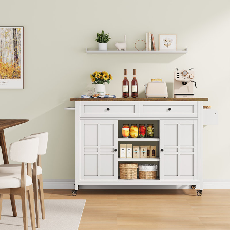 Rolling Kitchen Island with Wheels and Large Countertop, Spicy Rack, Towel Rack and Drawers