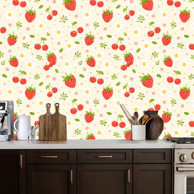 Peel and Stick Wallpaper Red white seamless cherry flower Contact Paper Removable Self Adhesive Wall Mural Wall Decor for Bedroom Kitchen Cabinets 24in x 118in