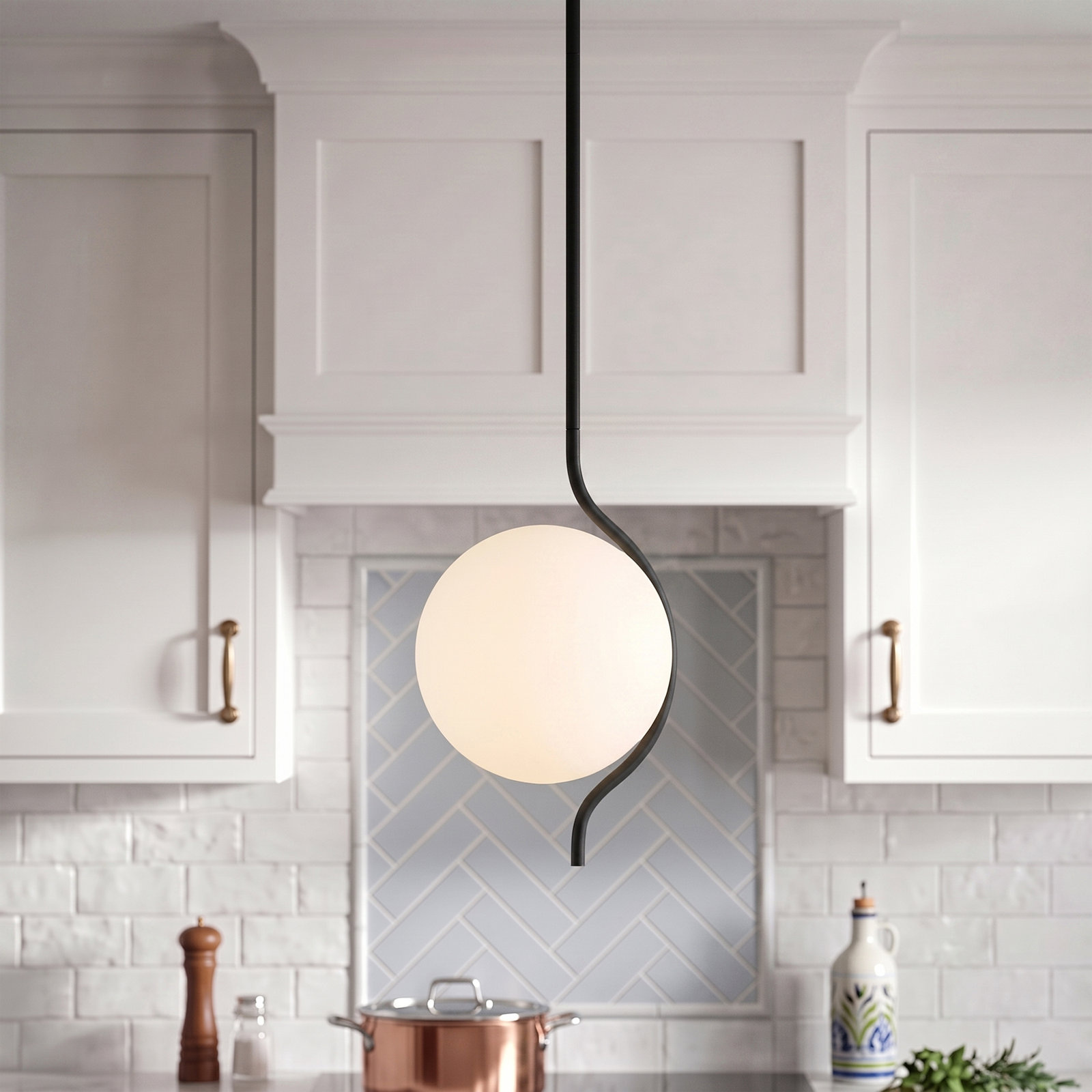 Dimmable Curved Jade Glass Globe Globe Pendant, Matte Black
