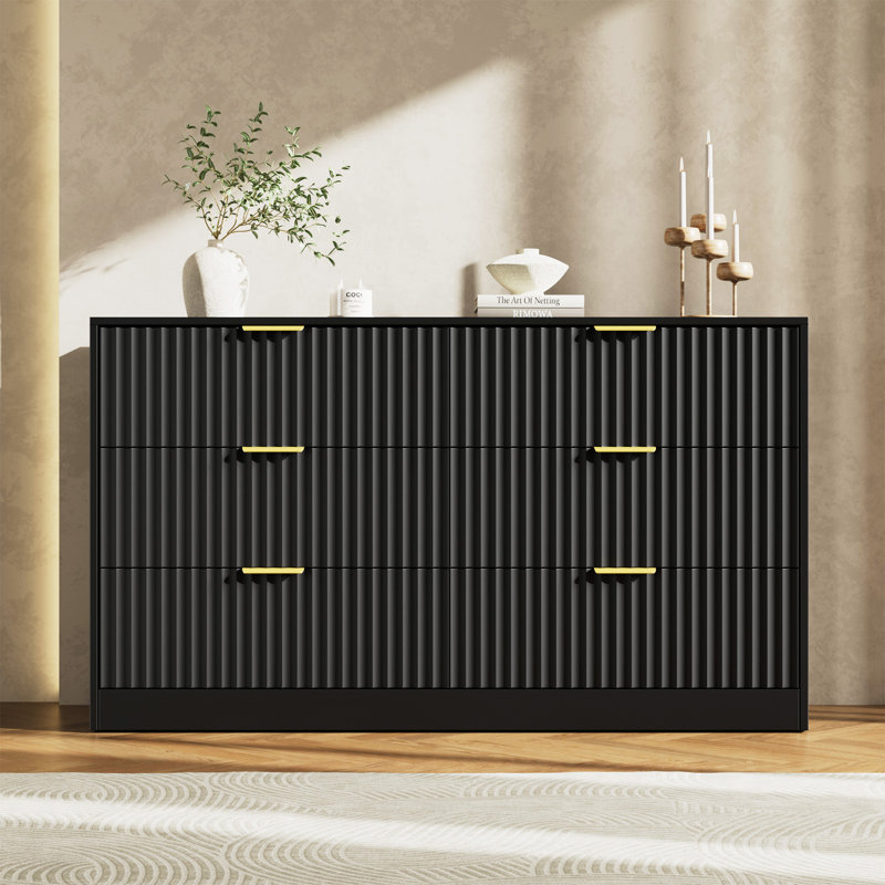 Commode cannelée pour chambre à coucher avec 6 tiroirs, commode moderne de 55,1 po de largeur avec poignée en métal, Noir