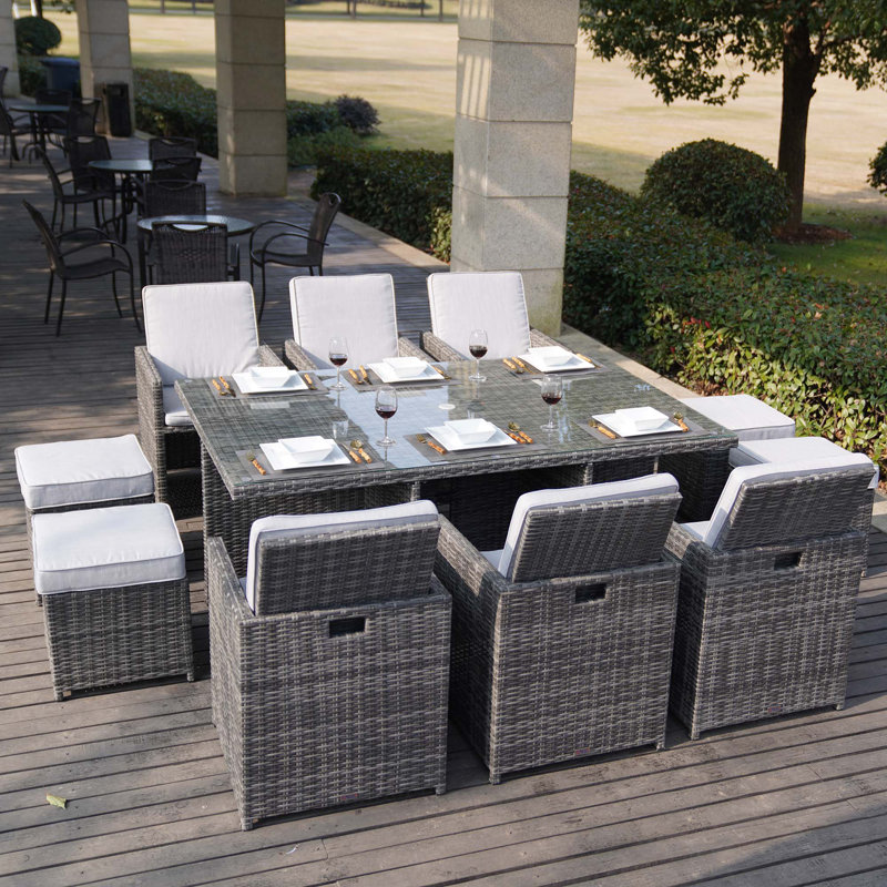 Amher 10 - Person Wicker Patio Dining Set with Rectangular Table , Cushions Included, Gray, Beige