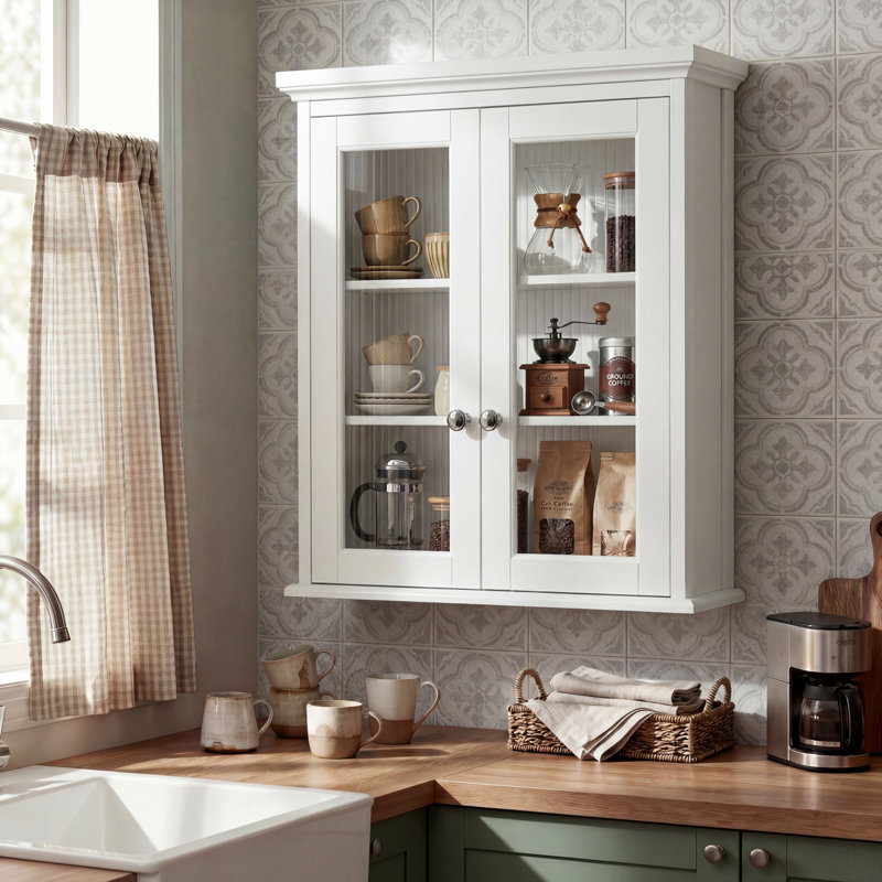 Armoire murale cannelée en verre avec plateau décoratif et charnières à fermeture en douceur, White