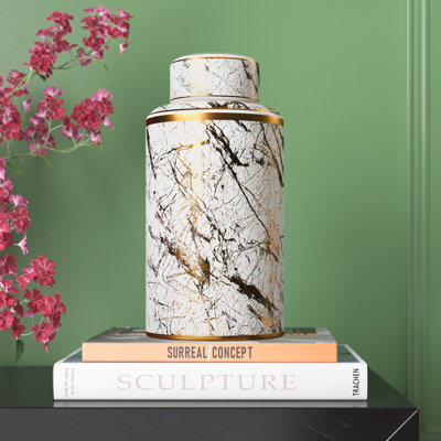 Modern Ceramic Marble Pattern Table Jar with Lid for Home Decor - Decorative Cylindrical Tall Jar for Storage Accent or Shelf Styling - Black