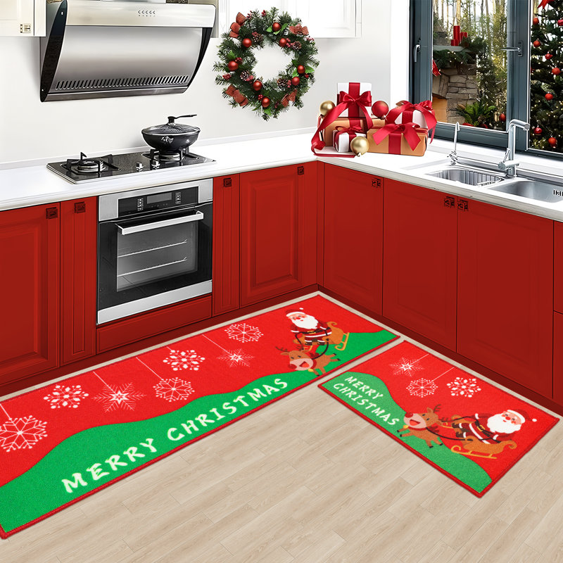 Tapis de cuisine de Noël 2 PCS Tapis de cuisine anti-dérapant Merry Christmas, 17 po x 30 po + 17 po x 59 po