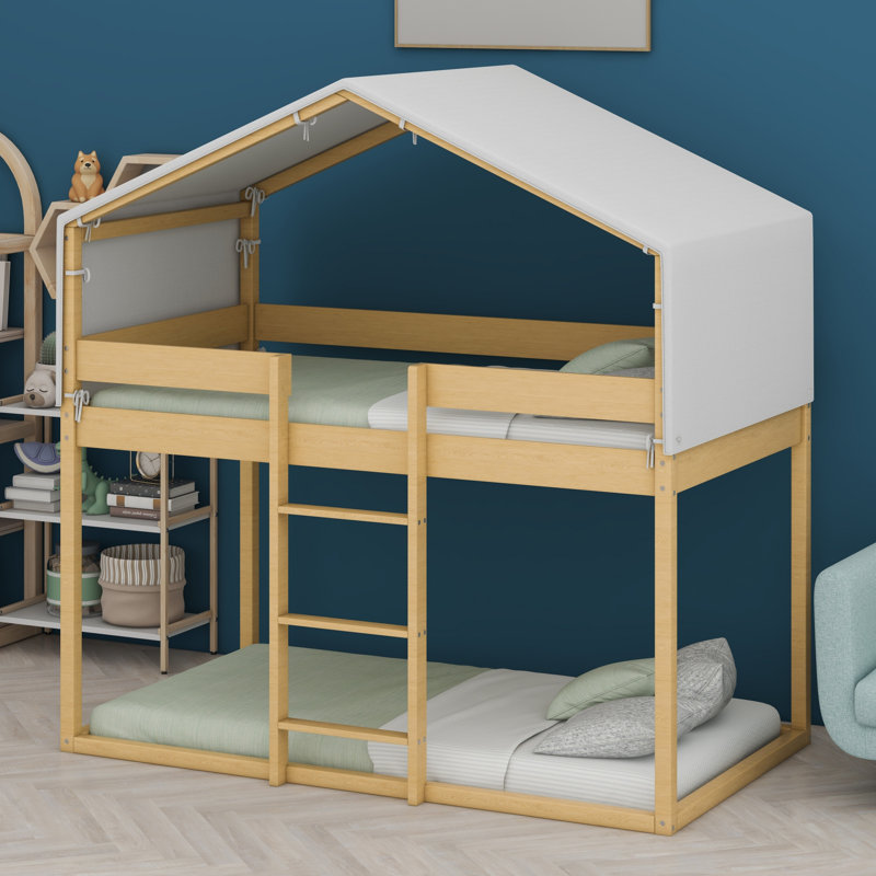 House-Shaped Solid Wood Bed Frame With Full-Length Guardrails, Slat Support,Tent And Ladder, Natural