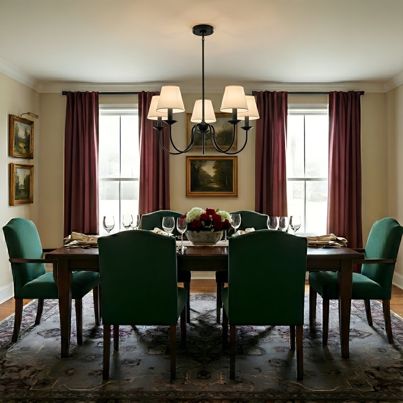 Elsay Dining Room Chandelier With White Linen Shade, 5 Lights, 23.5" H x 27" W x 27" D, Midnight Black