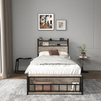Led - Equipped Twin Bed Frames With Storage Headboard And Power Ports, Noise Design, Simple Assembly, 39.71 In Wide Adjustable, Frames, Headboard, Outlets, No Box Spring Needed, Stable Metal