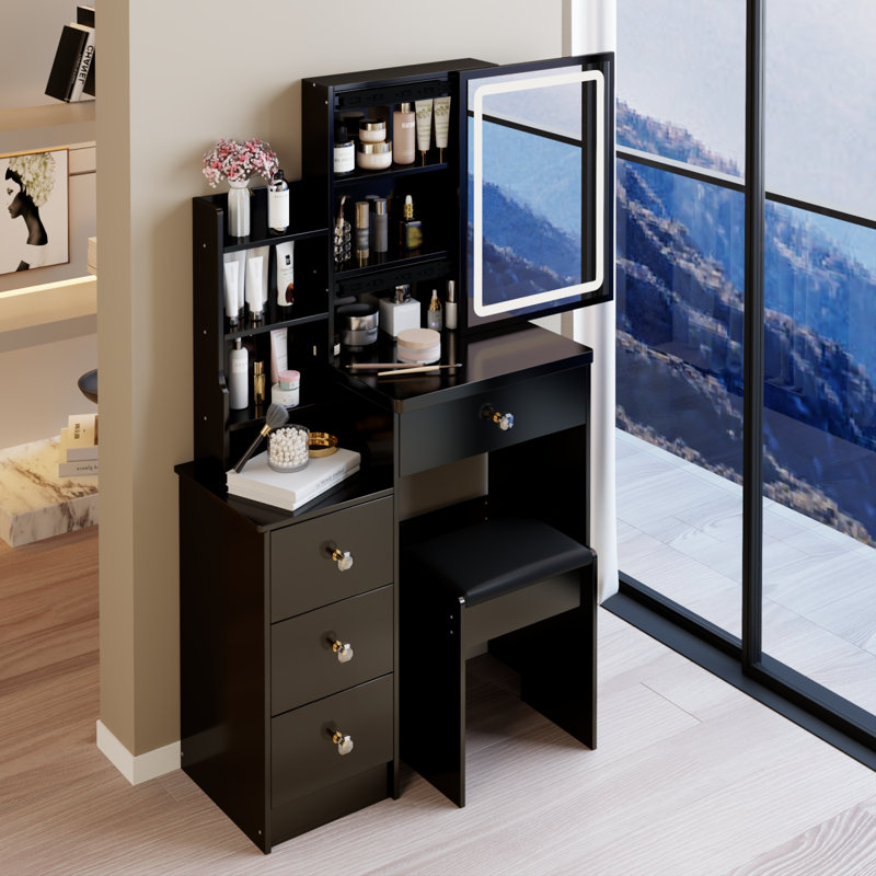 Small Size Bedside Vanity Table with LED Mirror, Black