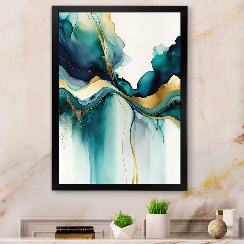 «Teal and Gold Abstract Expression I», art mural abstrait à l'encre liquide, Toile avec cadre photo noir, L 12 po x H 20 po
