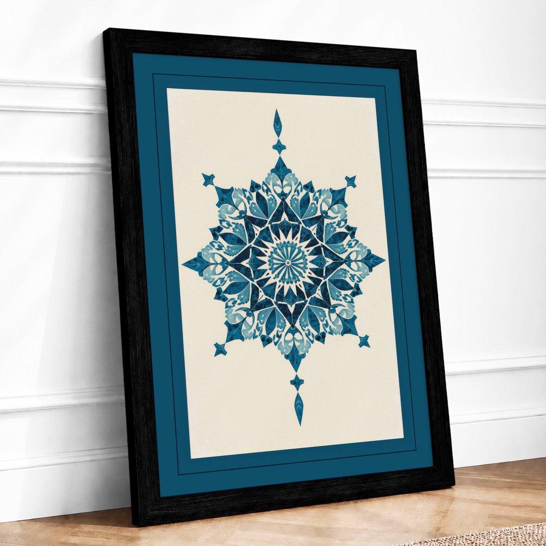 Teal Mandala Pattern Geometric - Framed Print