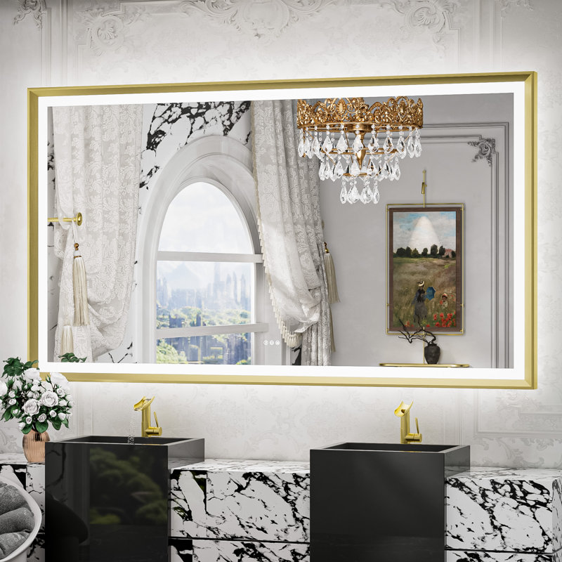 Miroir de salle de bain à DEL New Rockford, 60 po x 36 po, Doré, Rectangulaire