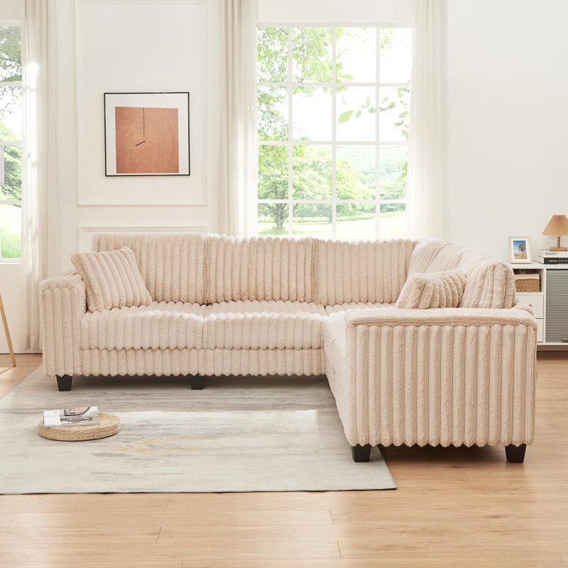 Faux Rabbit Fur L-Shaped Upholstered Sectional Sofa, Beige