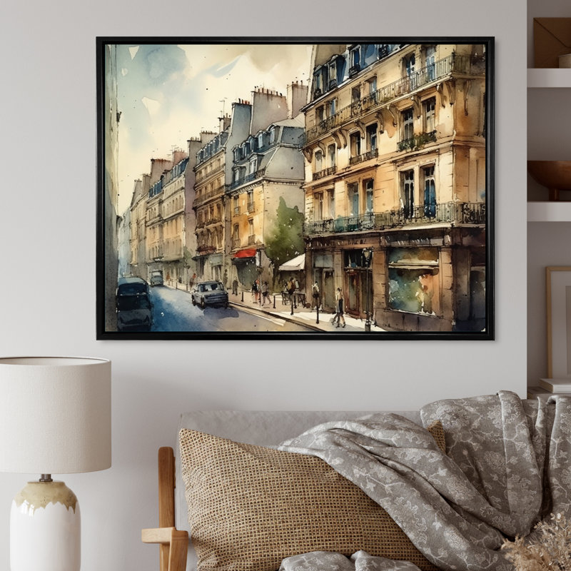 Aquarelle de Paris, France II sur toile, H 24 po x l 32 po x P 1 po, Cadre flottant noir
