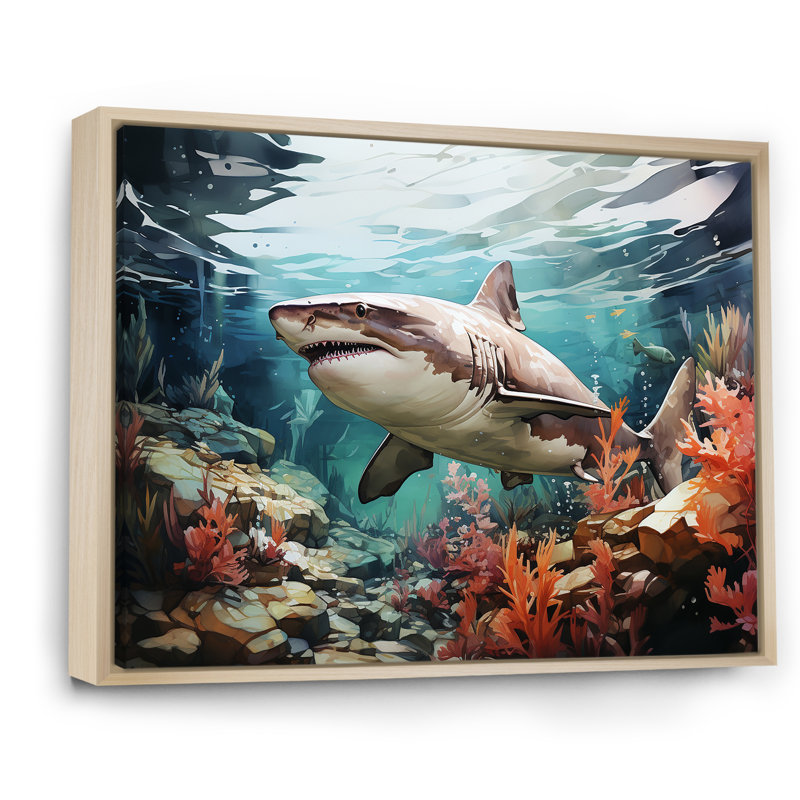 Silent Hunter Sharks Portrait IV - Beach and Ocean Wall Art Living Room, Cadre naturel flottant, H 34 po x l 44 po x P 1,5 po