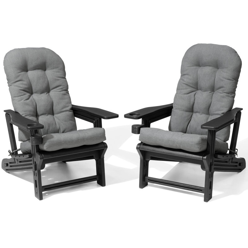 Ensemble de chaises d'extérieur en PEHD Adirondack avec coussins amovibles et porte-gobelet, Gris, 2
