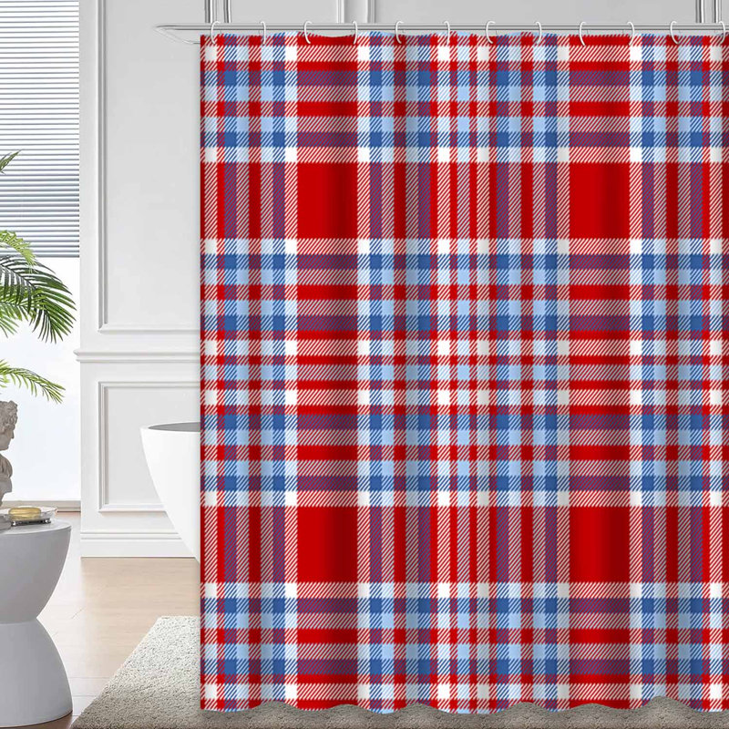 Rideau de douche sans couture à carreaux bleu tartan avec 12 crochets, L 72 po x l 84 po