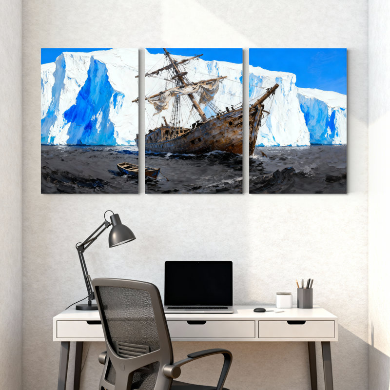 «Nautical Ship Wrecked Iceberg Ocean Scene», ensemble de 3 reproductions d'art sur toile, H 30 po x l 60 po