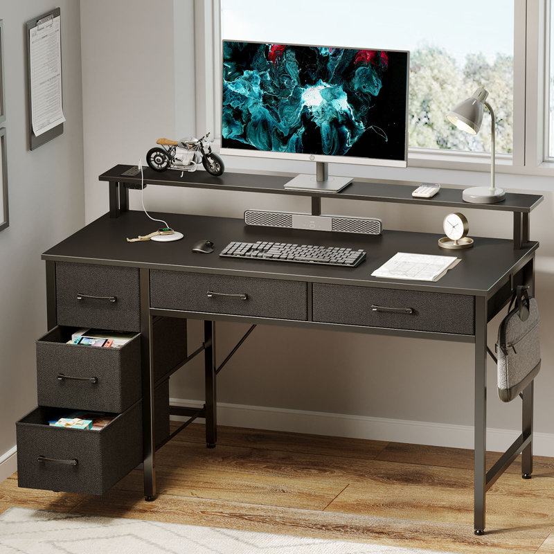 Linze Computer Desk w/ Monitor Shelf, RGB LED Lights, USB Ports & Drawers, Black, 35.20"H x 47.20"W x 18.50"D