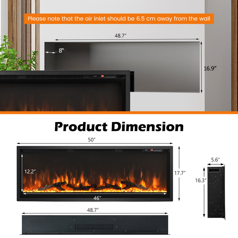 Aalayiah Black Electric Fireplace Insert with 5000 BTU, 17.7" H x 50" W x 5.6" D
