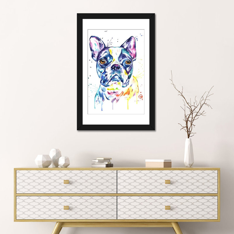 «Boston Terrier» par Lisa Whitehouse, reproduction sur toile, H 32 po x l 24 po x P 1 po, Papier avec cadre noir, Blanc