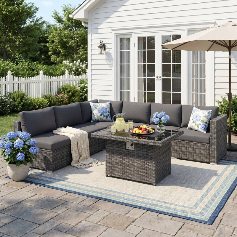 7-Piece Outdoor Furniture Set with Fire Pit Patio Wicker Conversation Set Cushions, Charcoal, Charcoal