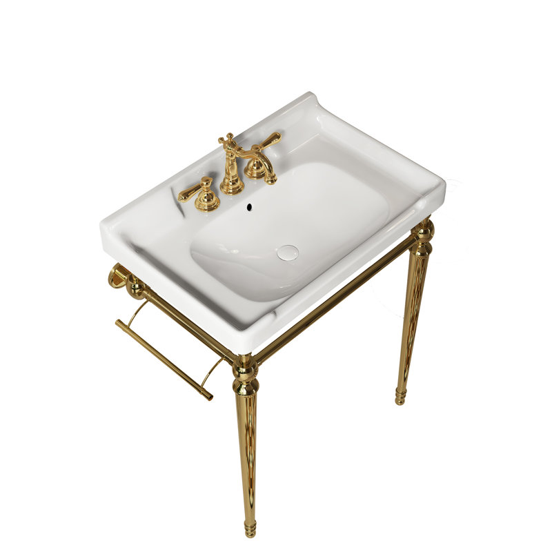 28" Bathroom Console Sink, White Ceramic Wall - Mounted Basin, 3 Standard Faucet Holes, Gold, Stainless Steel Support Structure With Detachable Towel Bar, High Performance, Easy To Clean, Scratch , No